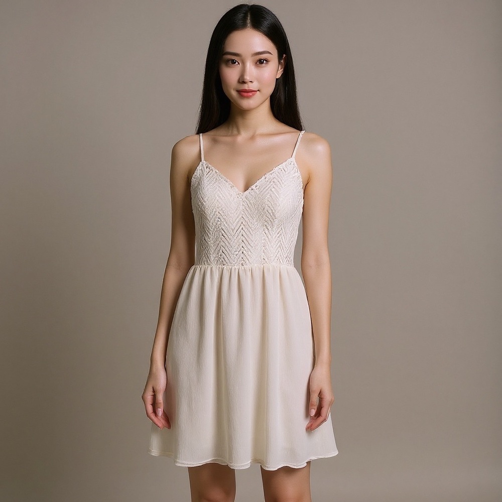 NWT White Spaghetti Strap Dress - Lace Chevron front and Zip up Back - Flowy